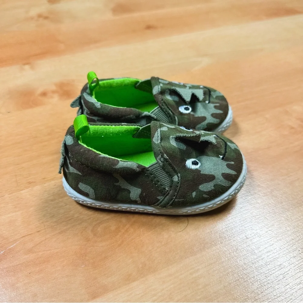 Wonder Nation Green Brown Camouflage Dinosaur Slip-on Sneakers Baby Boy Size 4